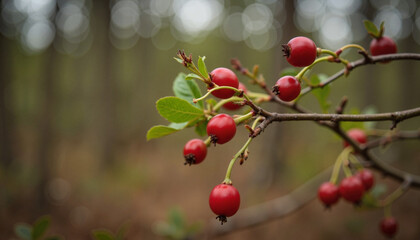Lingonberry plant buds against a blurred forest background, Spring symbolism