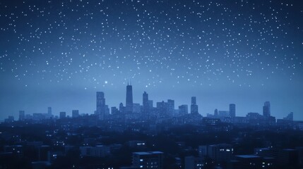 Nighttime Cityscape Under Starry Sky with Snowfall in Winter
