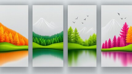 Colorful Seasonal Landscape Artwork with Trees and Mountains Reflection
