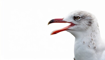 the seagull opened its mouth wide sticking out its tongue isolated on white background blank for meme artwork