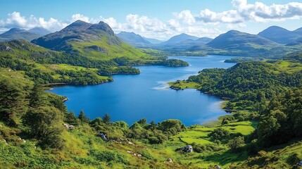 Fototapeta premium Panoramic view of serene lake nestled in lush green valley with mountains.