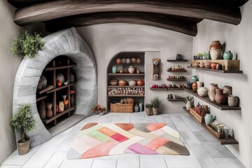 Obraz premium Cozy Artisan Workshop with Shelves and Colorful Handmade Pottery