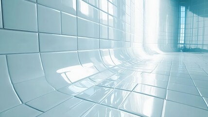 Fototapeta premium Abstract Curved White Tiled Hallway With Bright Light