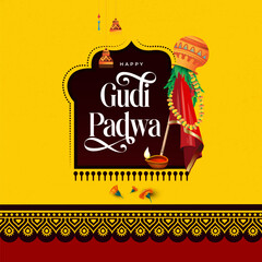 Happy Gudi Padwa Festival Design Template Illustration, Indian Marathi New Year Festival Gudi Padwa Template Design