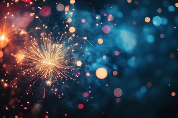 Fototapeta premium Vibrant fireworks burst against a dark, starry night sky.