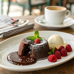 A rich molten chocolate lava cake oozing with warm, gooey chocolate.