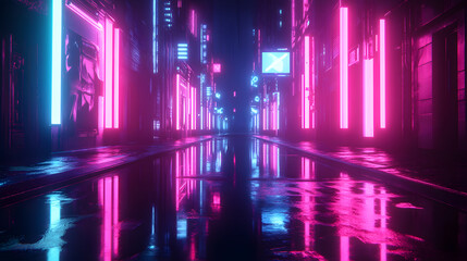 Obraz premium Cyberpunk-inspired neon reflections on city streets wallpaper urban environment night scene futuristic background