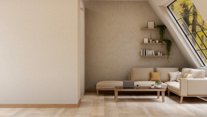 The set of wooden table and fabric sofa under roof window in the bright room corner. House Interior.