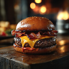 hamburger on a wooden table