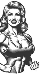 smiling, muscular woman in a sports bra, symbolizing strength, fitness, confidence, and empowerment sketch engraving generative ai vector illustration. Scratch board imitation. Black and white image.