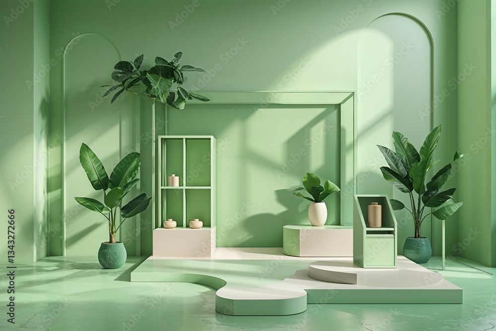 Poster elegant 3d background setup for product display in a soft green room
