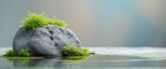 Weathered Gray Stone with Puddle and Moss