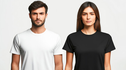 Portrait of man and woman in oversized white blank T shirt on the left, black blank T shirt on the right, Template front view