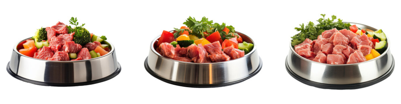 Set of raw dog food bowls with fresh meat and vegetables, isolated on transparent background