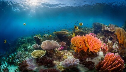 Naklejka premium vibrant coral reef teeming with diverse marine life creates a breathtaking underwater spectacle