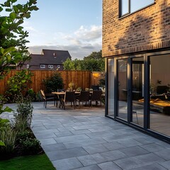 A modern patio area with a large dining table and chairs. The patio is paved with light grey stone, and leads to large glass doors opening into a modern brick house.