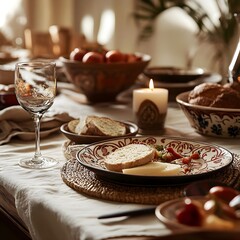 Naklejka premium a cozy dining table with bread, cheese, tomatoes, a candle, wine glass, fruit bowls, and warm lighting creating an inviting, elegant meal setting.