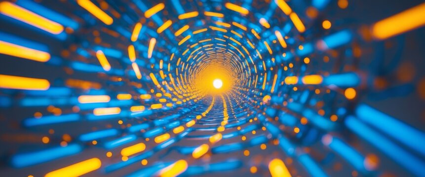 A series of blue and yellow lights are arranged in a spiral