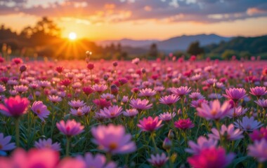 Fototapeta premium Beautiful Pink Flower Field Sunset Landscape Nature Photography bloom light image flora floral 