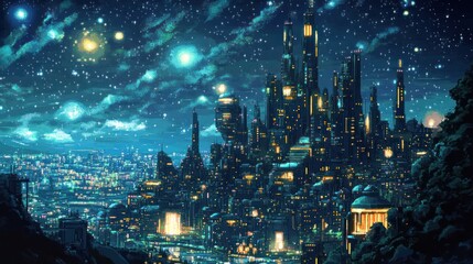Naklejka premium Futuristic city skyline at night under a starry sky.