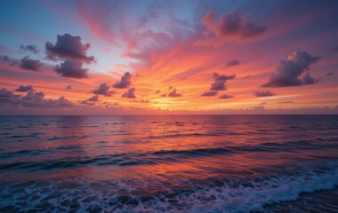 Obraz premium Stunning Orange Sunset over Calm Ocean Waves Peaceful Tropical Beach Scene Summer Vacation Paradise 