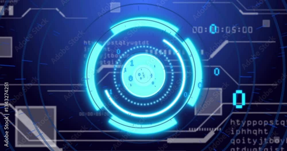 Poster futuristic digital interface with glowing blue circles and binary code animation