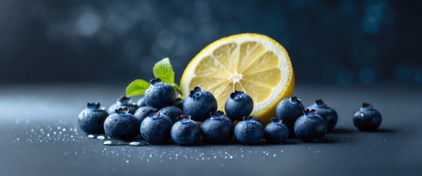 Fresh blueberries and lemons on a dark background.