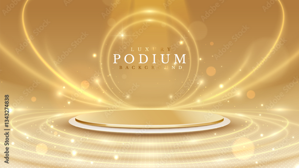 Poster golden empty podium on light brown background with soft neon effect and bokeh decoration. luxury sta