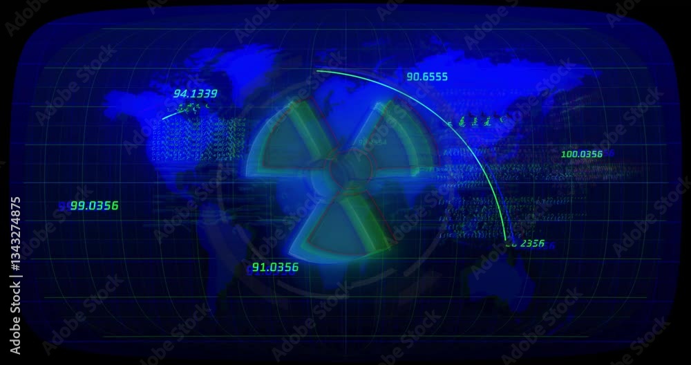 Poster animation of nuclear symbol overlay on digital world map with glowing numbers