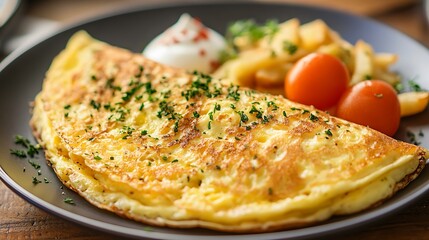 Cheese omelette with hash browns and pancake on the side