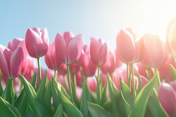 Fototapeta premium Sunlit field of vibrant pink tulips in full bloom.