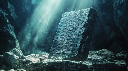 Ancient stone tablet with inscriptions underwater, mystical light.
