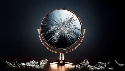 round broken mirror with sharp shards reflecting light is standing on a stand