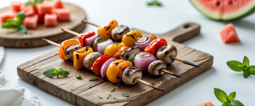 Summer Food Still Life with Grilled Skewers Fresh Watermelon Salad Picnic Snacks