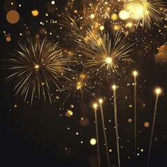 Obraz premium Golden fireworks background with sparkling light dots. 