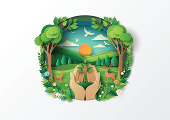 Nature Protection Concept with Hands and Forest in Paper Cut Design