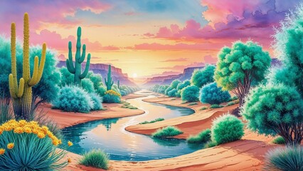 Naklejka premium Vibrant watercolor painting of a serene desert valley at sunset, with a gentle, meandering river flowing calmly through the undulating sand dunes, surrounded by a lush assortment of unique