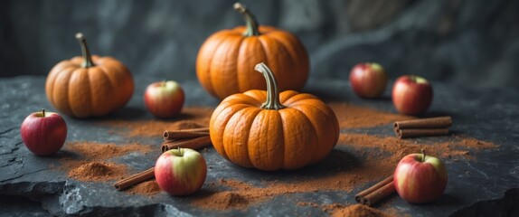 Autumn Pumpkin Harvest Still Life with Apples and Spices on Dark Stone Background.