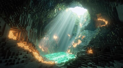 Obraz premium A detailed voxel cave with light shining through an opening