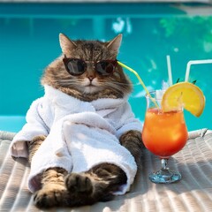 A cat wearing sunglasses lounges comfortably in a white robe, resting on a poolside chair next to a refreshing drink with a lemon slice. The vibrant pool water sparkles in the background.