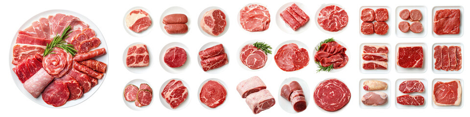 A diverse selection of raw beef pork and other meat cuts and products including steaks roasts sausages and more