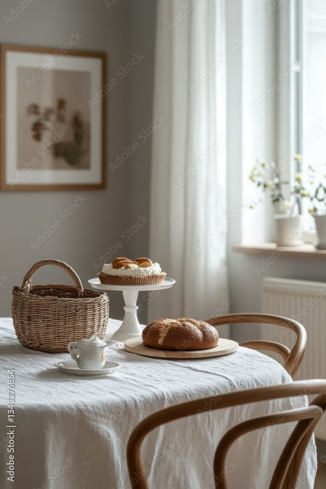 Aufkleber a delicious breakfast spread features freshly baked bread and pastries on a rustic table dressed in 