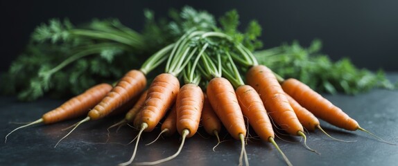 Fresh carrots with green tops arranged on a dark background