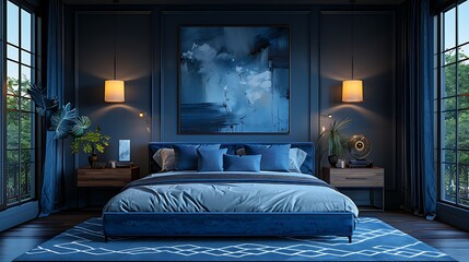 A Modern Bedroom with a Stylish Blue Theme, Featuring a Plush Gray Bed, Abstract Wall Art, Elegant Nightstands with Sleek Metal Lamps, a Cozy Area Rug, and Floor-to-Ceiling Windows for Natural Light