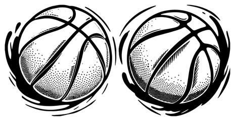 Two Dynamic Basketball Illustrations in Black and White with Motion Trails