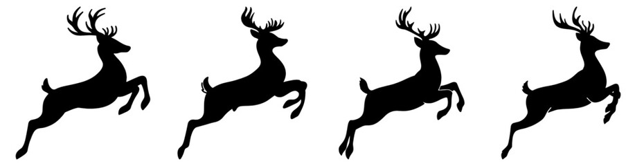 Four Silhouettes of Jumping Deer with Antlers in a Row Christmas Reindeer Illustration