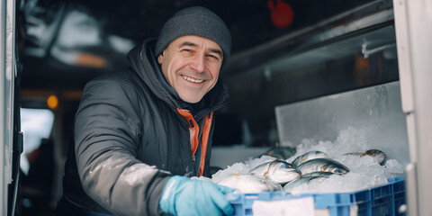 Lächelnder Fischhändler hält eine gekühlte Transportbox mit frischen Fisch in den Händen.