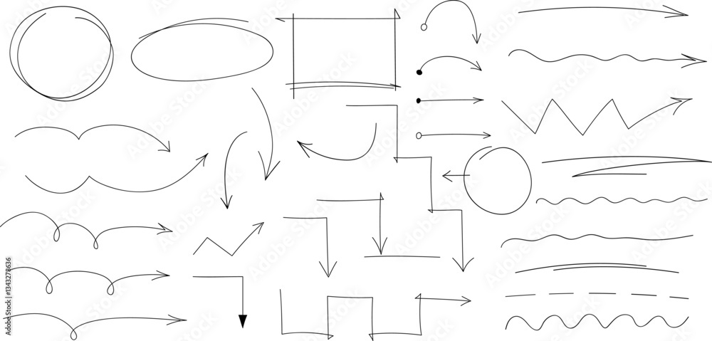 Aufkleber hand drawn arrows, highlight, text underline strokes and emphasis marks. set of sketches of arrows, 