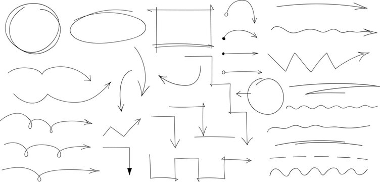 Hand drawn arrows, highlight, text underline strokes and emphasis marks. Set of Sketches of arrows, ellipse, rectangle, oval and mark. Collection of vector doodle elements and shapes for notes
