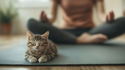 Yoga practice at home with a cat relaxing nearby in a cozy indoor setting Generative AI